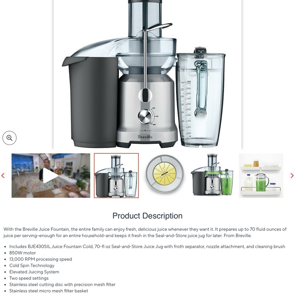 Breville Silver and Black Juicer 70oz w cold spin